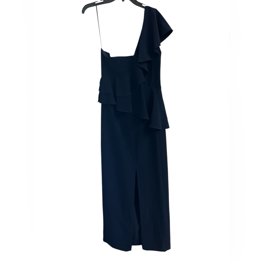 TRINA TURK Indigo Navy Blue One-Shoulder Waterfall Ruffle 12 Gown Special Event - Picture 6 of 13